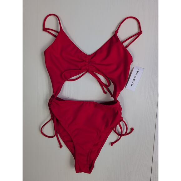 Pacsun Womens Red Monokini Swimsuit Size XXS Cutout One Piece Ruched Tie Front - Picture 5 of 10